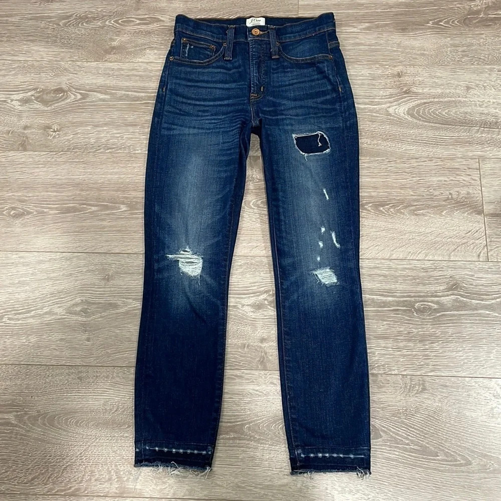 J. Crew Lookout High Rise Skinny Patch Distressed Hem Denim Jeans 25